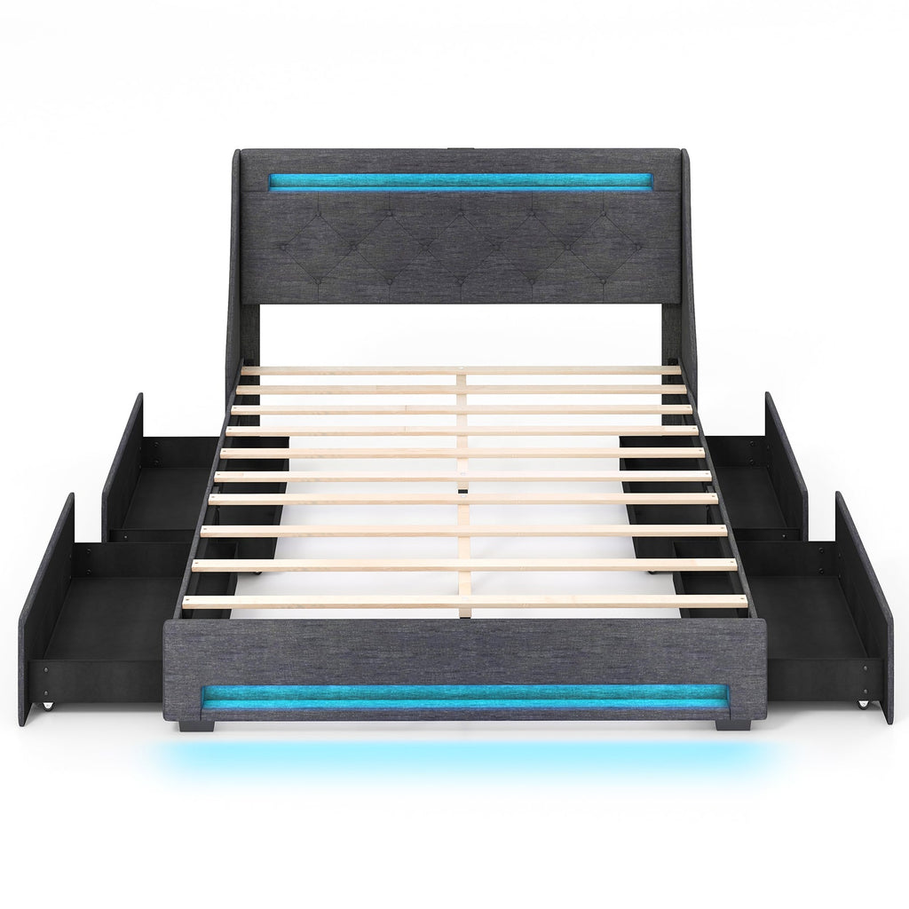Full Size Bed Frame with LED Lights Wingback Headboard and Charging Station-Grey