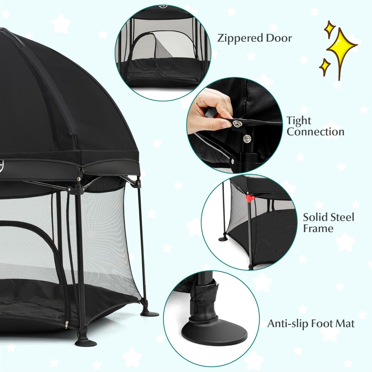 NNECW Portable Baby Playpen with Removable Canopy for Indoor & Outdoor Black