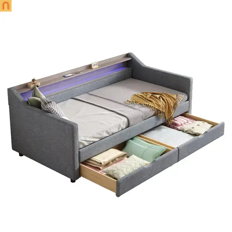 Grey LED Twin Bed with Storage