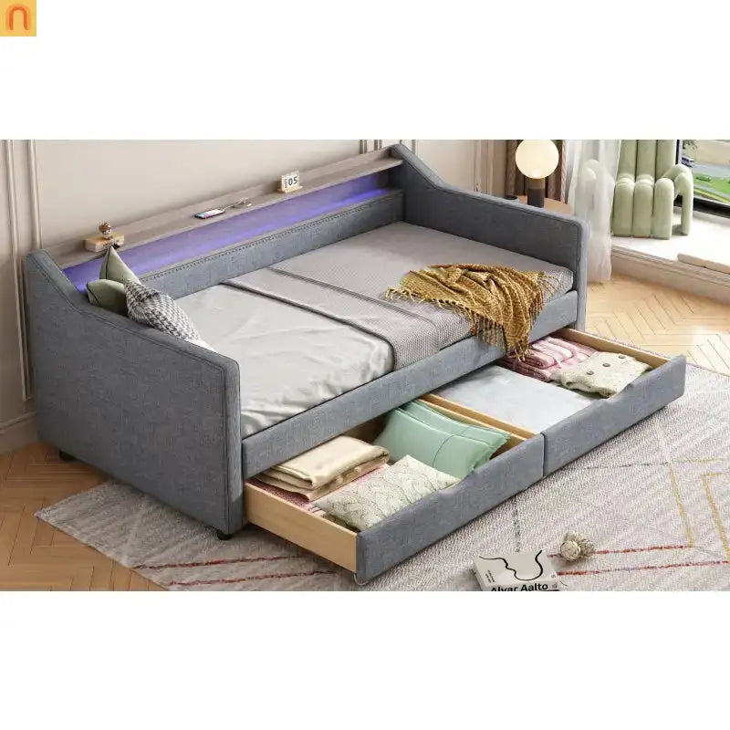Grey LED Twin Bed with Storage