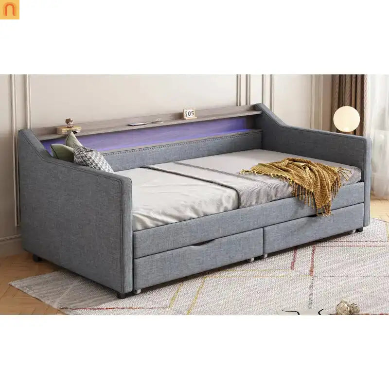 Grey LED Twin Bed with Storage