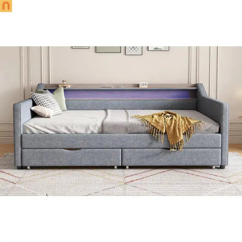 Grey LED Twin Bed with Storage