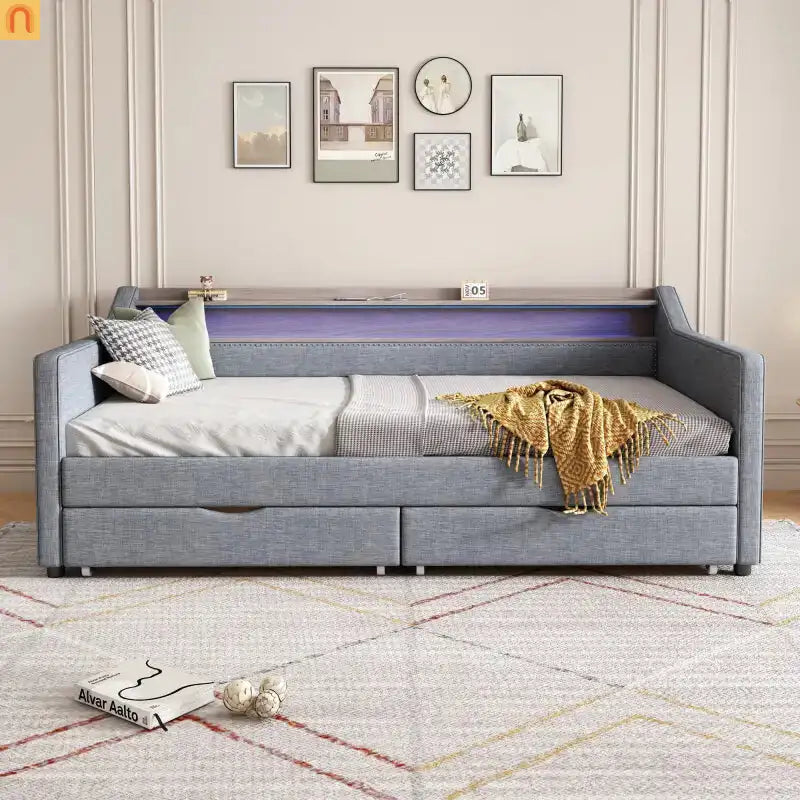 Grey LED Twin Bed with Storage
