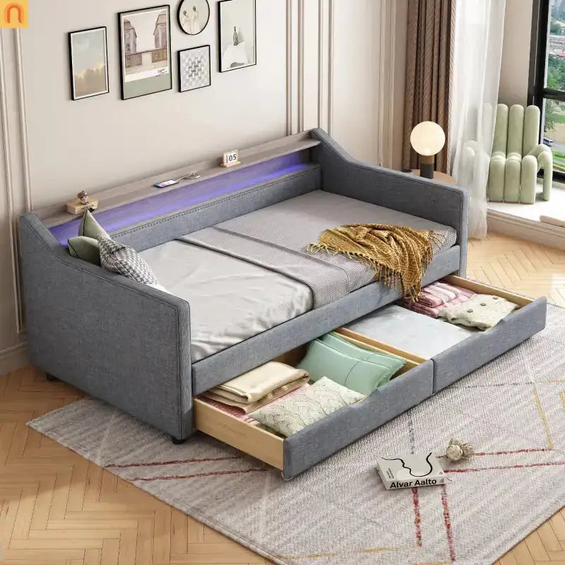 Grey LED Twin Bed with Storage