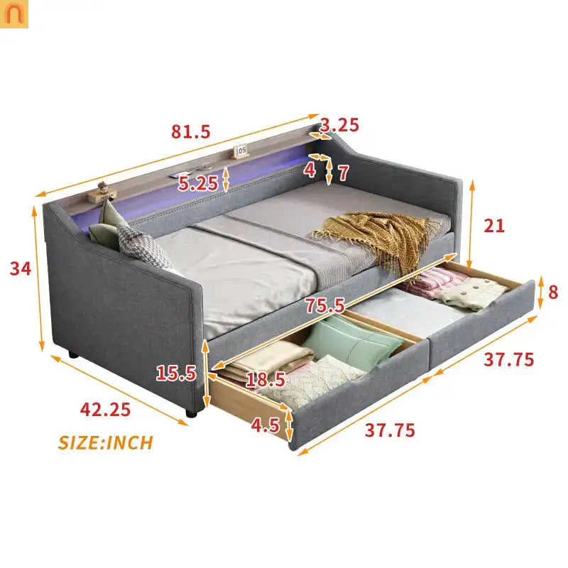 Grey LED Twin Bed with Storage