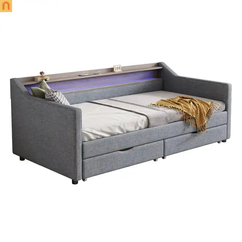 Grey LED Twin Bed with Storage