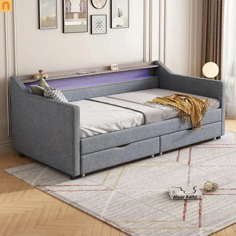 Grey LED Twin Bed with Storage